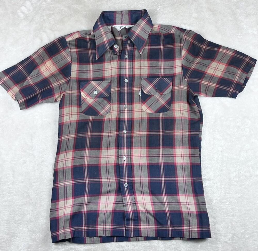 Vintage Levis Sportswear Shirt Mens Sz M Plaid 70s White Tab Short Sleeve Button